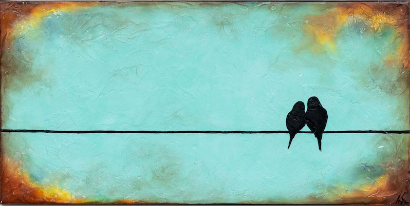 a decorative painting of two birds on a line